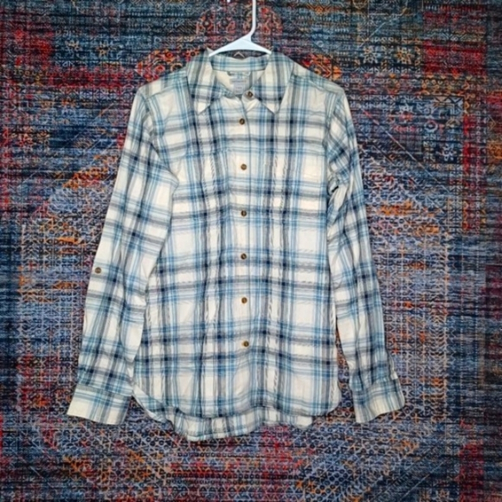 Carhartt womens blue an white plaid button down work shirt S NWT
